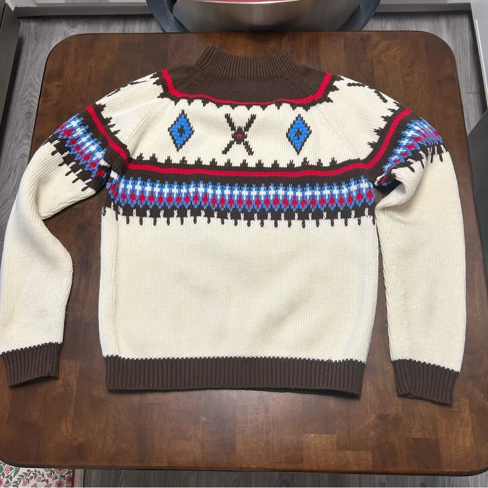 Vintage 70s Marcraft Knits Nordic Brown & Cream Striped Fair Isle Sweater Size M